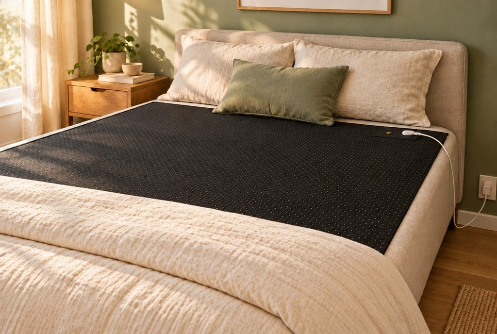 The GroundingForce Sleeping Earthing Mat on a made bed, connected to the wall outlet by a white cord