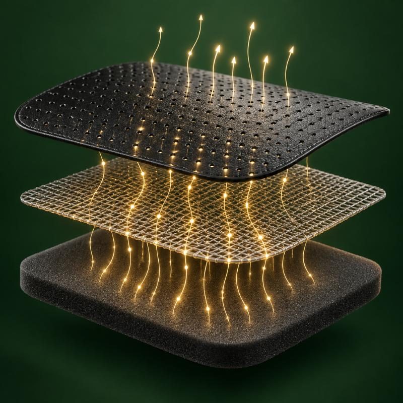 Illustration of the mat's layered construction with charge flowing up through it